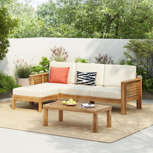 CHRISTOPHER KNIGHT HOME Wells Modern 3 pieces Outdoor Solid Wood Patio Conversation Set with Cream Cushions, Coffee Table, Teak