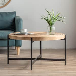 33 in. Modern Thread Design Round Coffee Table with Wood Table Top and Cross Metal Base