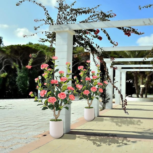 TOUMEI Tall ピンク フラワーベース Artificial 5 ft. Camellia Tree in Pot, Realistic Pink Flower Faux