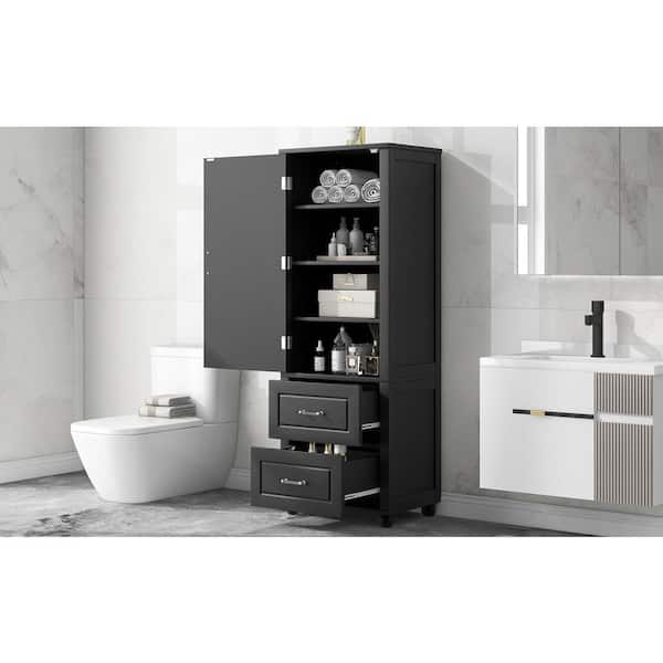 Modern 23 in. W x 15.9 in. D x 61.4 in. H Black Freestanding Tall Bathroom Storage Linen Cabinet with 2-Drawers