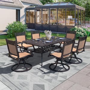 Classic Dark Brown 7-Piece Cast Aluminum Rectangle Outdoor Dining Set with Table and Swivel Dining Chairs