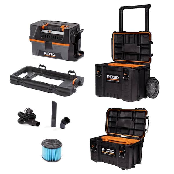 RIDGID 3 Gal. 18V Cordless NXT Shop Vacuum Wet Dry Vac (Tool Only) with Pro Gear Attachment, Rolling Tool Cart and Box HD0318F
