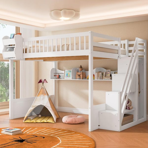 White Queen Wood Loft Bed with Staircase and Wardrobe, Storage Shelves and Under-Bed Space