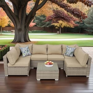 7-Piece Gray Rattan Wicker Outdoor Patio Conversation Sectional Sofa with Beige Cushions and Coffee Table
