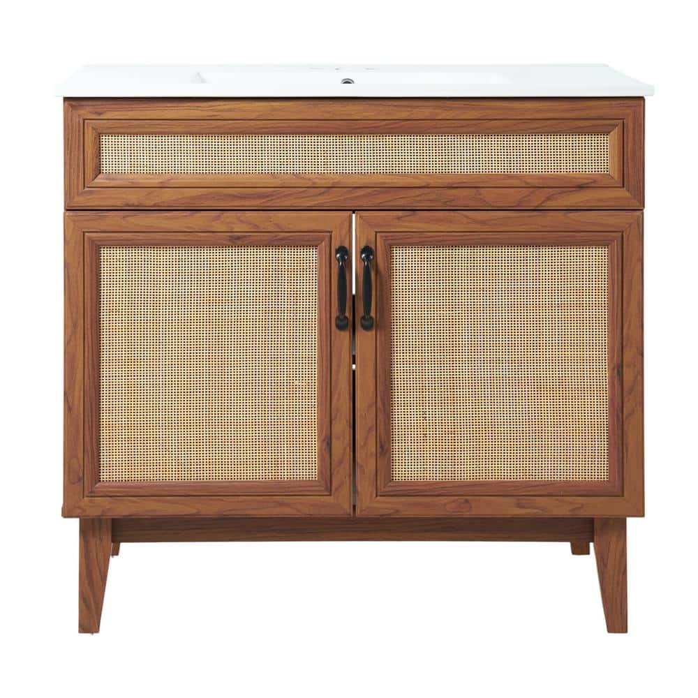 Javer 36" Walnut Rattan Modern Farmhouse Bathroom Vanity Cabinet