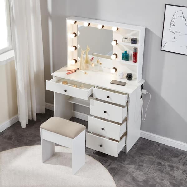 TBLOI 5-Drawers Pearl White Makeup Vanity Set with Stool, LED Mirror, Charging Station and 3-Tier Shelves