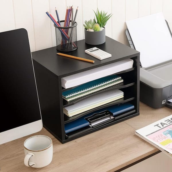 Black 14 in. x 10.7 in. Wood Vintage Desktop File Organizer