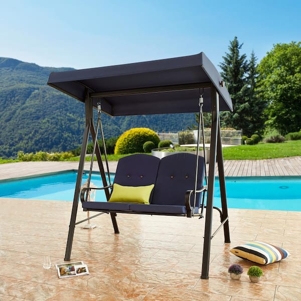 Patio Festival 60 in. 2-Person Metal Patio Swing with Blue Cushions