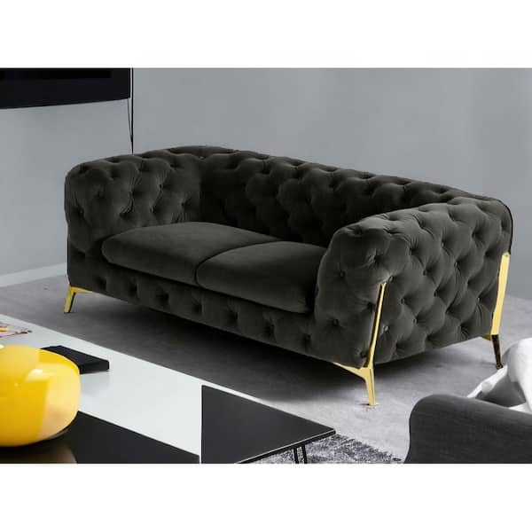 HomeRoots Valerie 74 in. Dark Grey and Gold Solid Velvet 2-Seats Loveseat