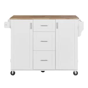 White Rubberwood Kitchen Cart with Drop Leaf, Internal Storage Rack, Spice Rack, 2 Slide-Out Shelf, and 3 drawer