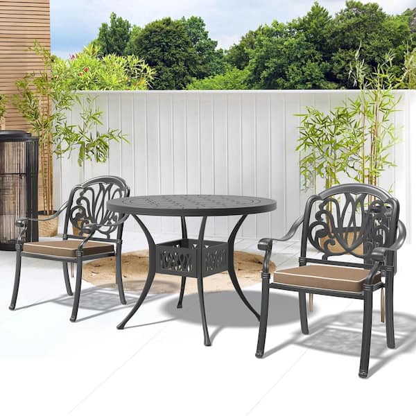 Willit Elizabeth Black 3-Piece Cast Aluminum Outdoor Dining Set with Round Table, Dining Chairs and Random Color Seat Cushion