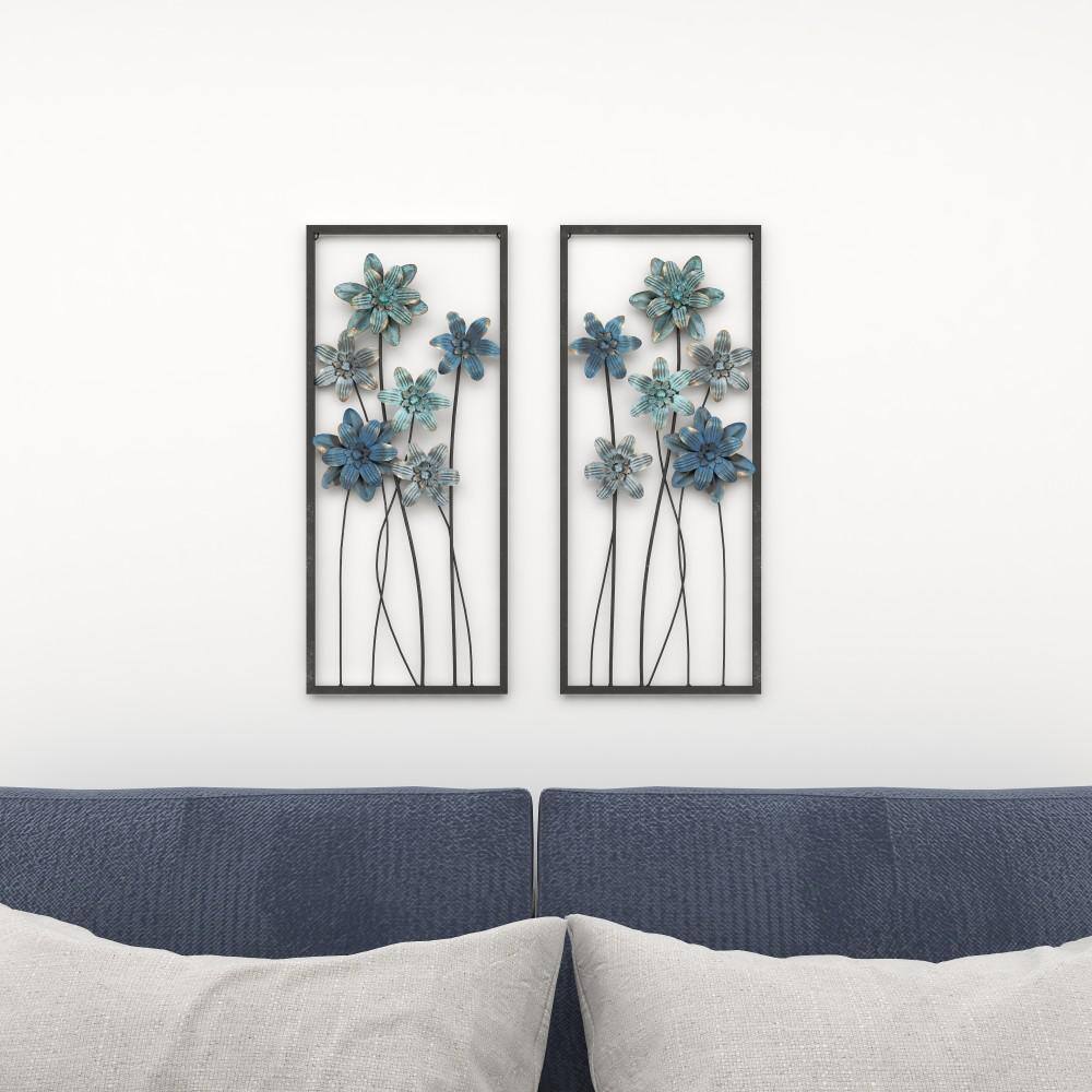 Elegant Gray and Blue Floral Metal Wall Sculptures (Set of 2)