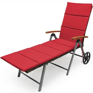 Folding Wicker Outdoor Chaise Lounge with Red Cushions, Adjustable Backrest and Wheels