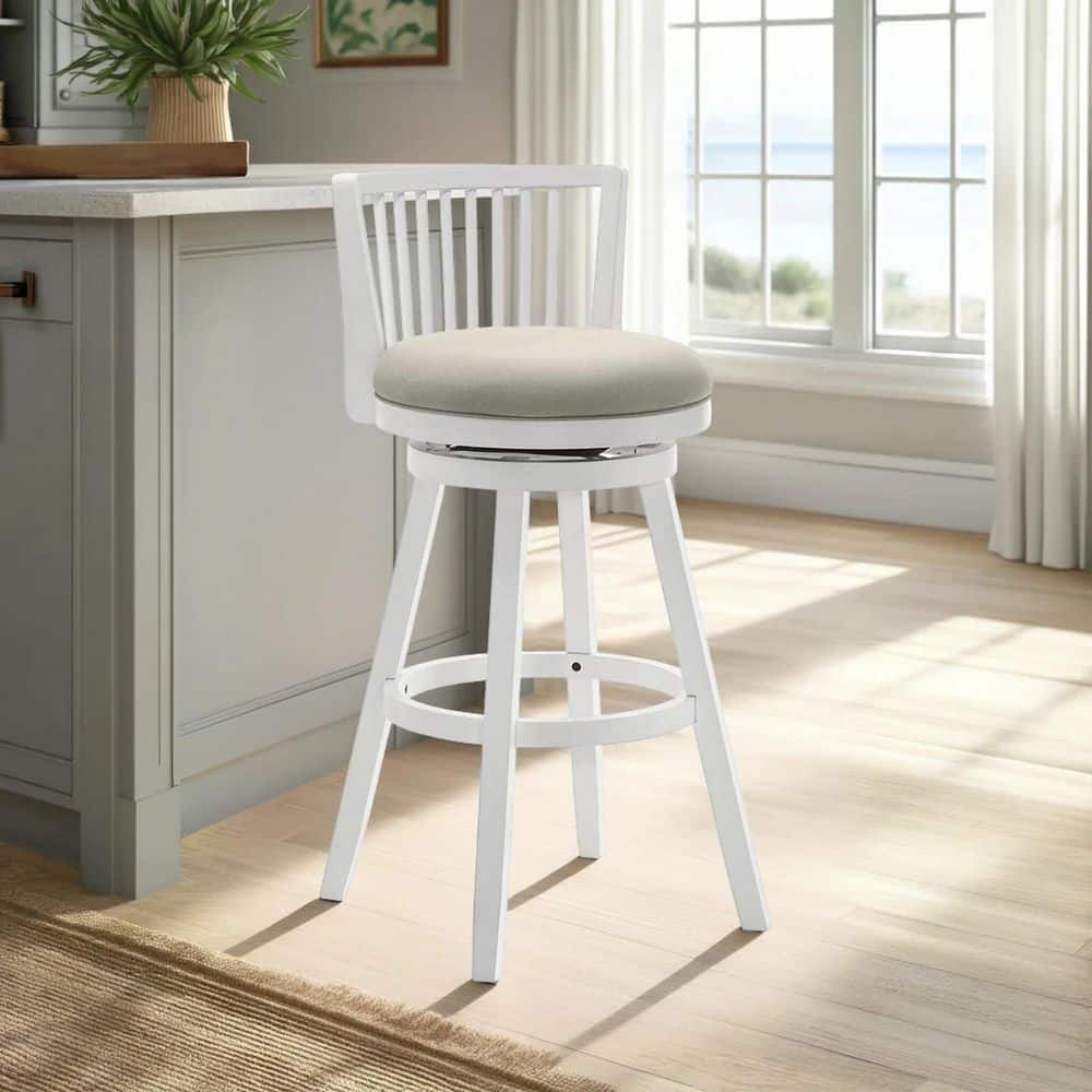 Harper 26 in. Fog/Matte White Rubberwood Bar Stool with Fabric Seat