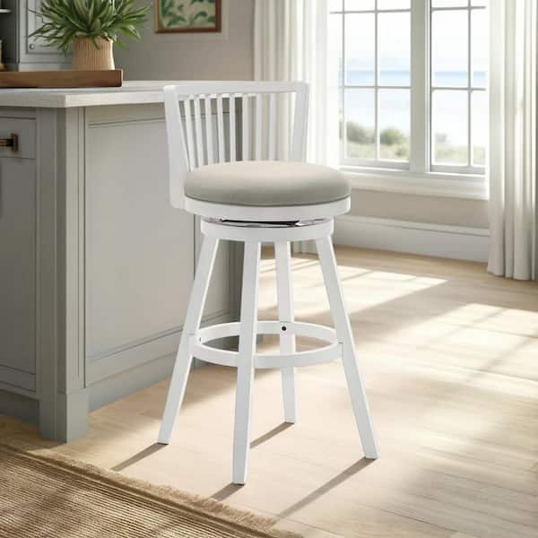 Harper 26 in. Fog/Matte White Rubberwood Bar Stool with Fabric Seat