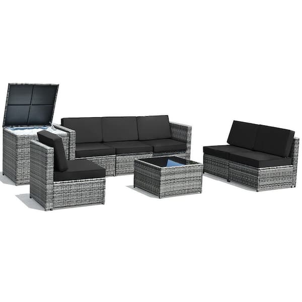 FORCLOVER 8-Piece Wicker Rattan Sofa Dinning Set Patio Furniture with Storage Table and Black Cushions