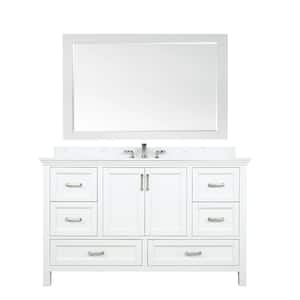 Isla 60 in. Single Bathroom Vanity in White with Composite Stone Vanity Top in Carrara with White Basin and Mirror