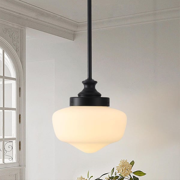 1-Light Black and Milk White Industrial Height Adjustable Pendant Light with Seeded Glass Shade for Kitchen Island