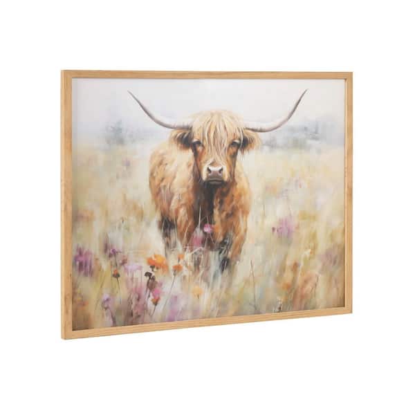 Kate and Laurel Gallery Highland Cow in a Flower Field Landscape by The Creative Bunch Studio Natural Framed Art Print 20 in. x 16 in.