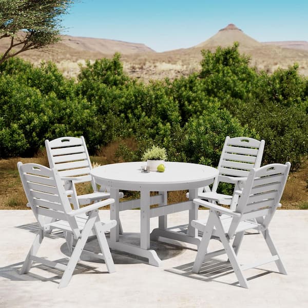 Laguna All Weather HDPE Plastic Outdoor 5-Piece Round Table Folding Highback Chairs Patio Dining Set, White