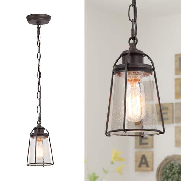Uolfin Farmhouse Black Kitchen Pendant Light, Maya 1-Light Modern Industrial Bronze Pendant Light with Caged Seeded Glass Shade