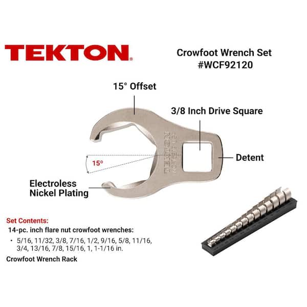5/16 - 1-1/16 in. 3/8 in. Drive 6-Point Flare Nut Crowfoot Wrench Set (14-Piece) with Rack