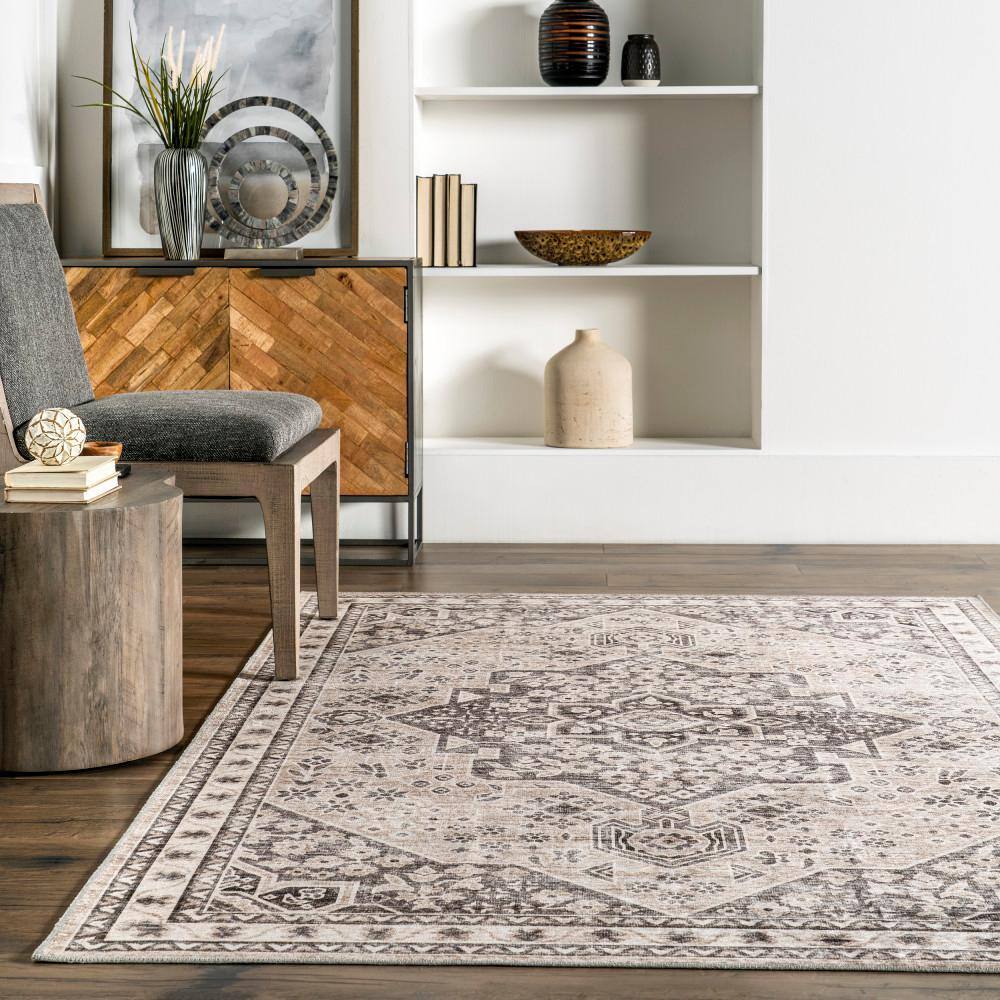 Eira Taupe Medallion Washable Synthetic Area Rug