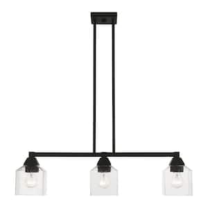 Aragon 3-Light Black Linear Chandelier with Clear Seeded Glass