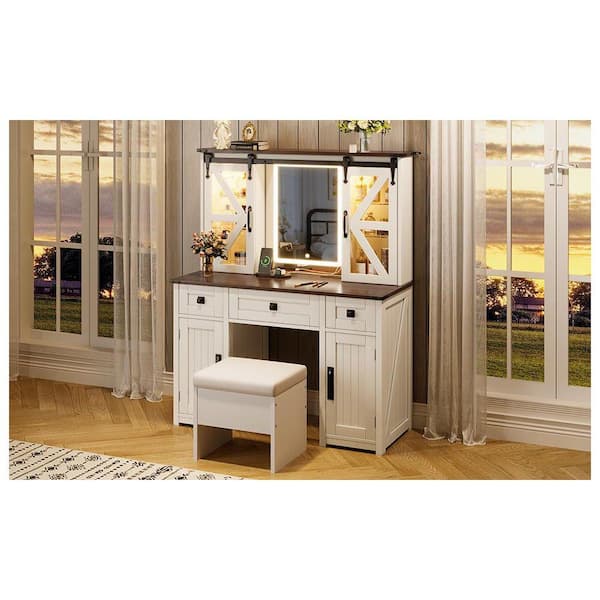 Unbranded 2-Piece Beige Makeup Vanity Set with Light Mirror and Storage  Stool, Dressing Table with Sliding Barn Door JJ-N704P328548A