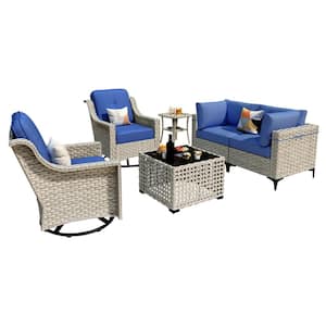 Thor 6-Piece Wicker Patio Conversation Seating Sofa Set with Navy Blue Cushions and Swivel Rocking Chairs
