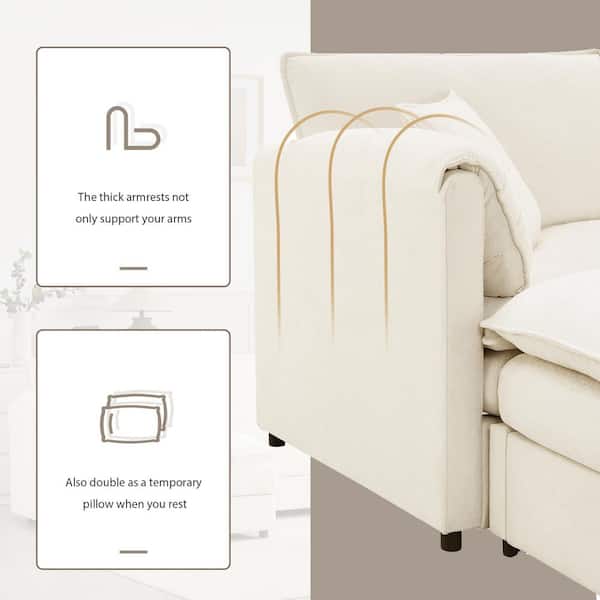 103 in. Square Arm Chenille L-Shaped Sofa with Ottoman in Cream (Seats 3)