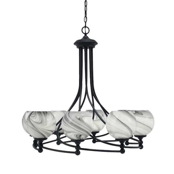 Unbranded Royale 8 Light Matte Black Chandelier, Round Chandelier with 5.75 in. Onyx Swirl Glass Shades, No Bulbs Included