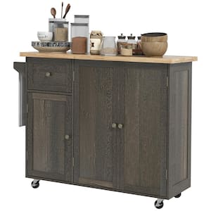 Triple-Cabinet Rolling Brown Rubber Wood Top 53 in. Kitchen Island with Adjustable Shelves