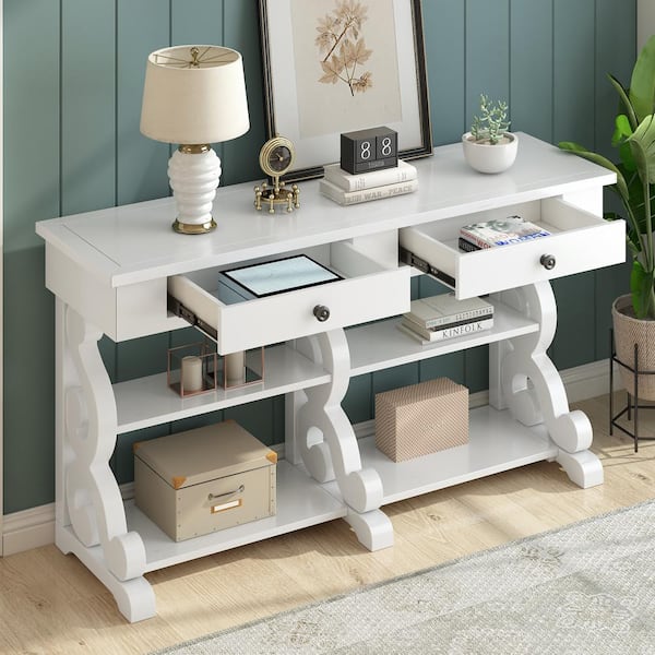 Harper & Bright Designs Retro 54.1 in. Antique White Rectangle Wood Console Table with Open Adjustable Shelves, 2 Top Drawers, 3 Exquisite Legs