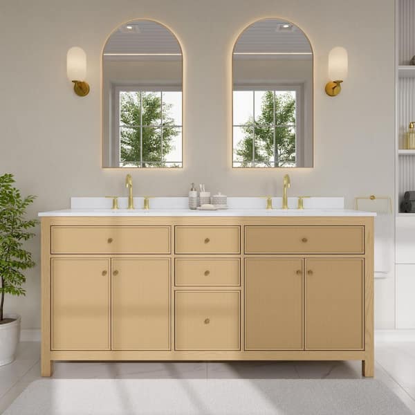 Pendry 72 in. Double Freestanding Tanned Oak Bath Vanity with White Quartz Top Assembled