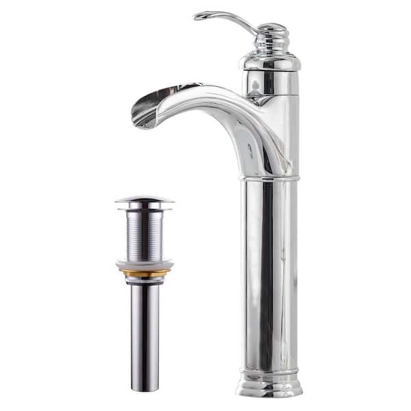 KINWELL Single Hole Single Handle Waterfall Tall Body Bathroom Vessel Sink Faucet with Pop Up Drain in Chrome
