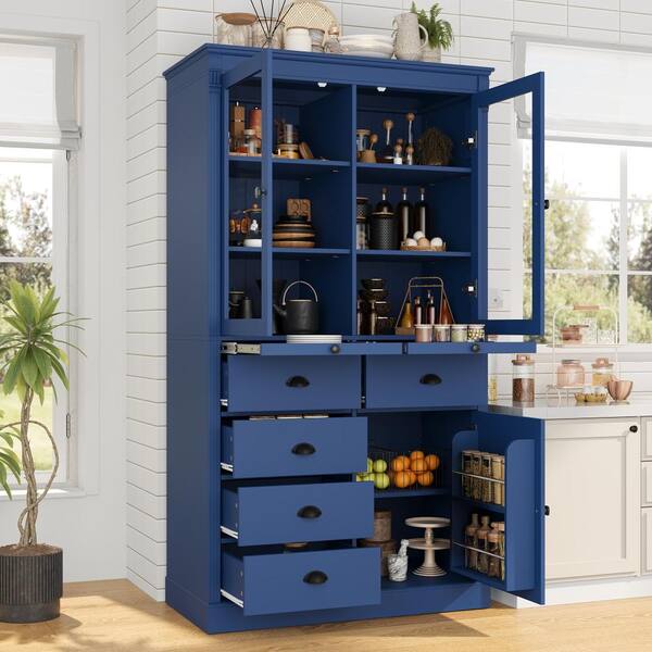 Vintage 72''H Blue Kitchen Pantry with Glass Doors, Drawers, Serving Trays and Shelves for Dining, Living Room