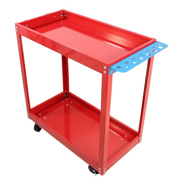 Unbranded 2 Tier Bright Red Steel Serving Cart, Rolling Mechanic Tool Cart with Lockable Wheels for Garage, Warehouse, Workshop