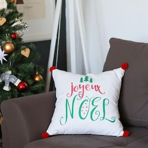 Christmas Quote Decorative Single Throw Pillow 18 in. x 18 in. White and Green and Red Square with Pompoms