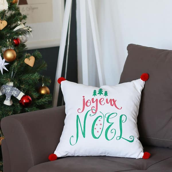 MIKE & Co. NEW YORK Christmas Quote Decorative Single Throw Pillow 18 in. x 18 in. White and Green and Red Square with Pompoms