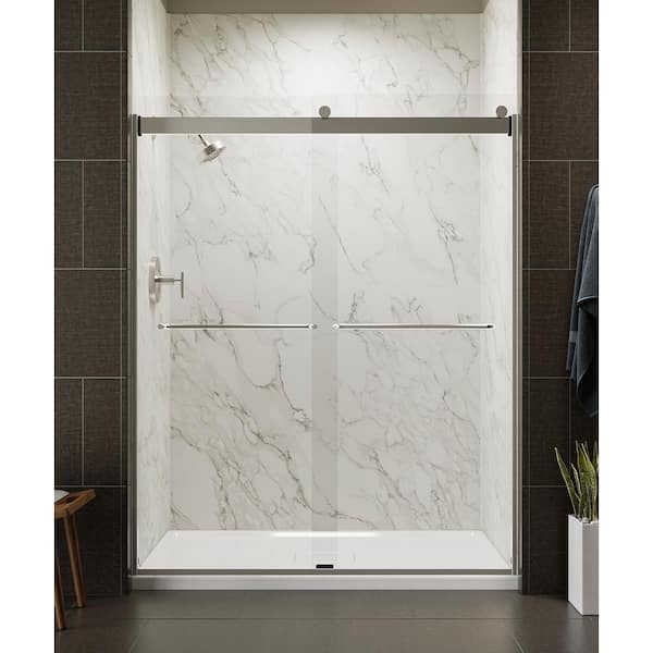 KOHLER Levity 59.625 in. W x 74 in. H Frameless Sliding Shower Door in Matte Nickel with Towel Bar