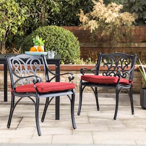 Set of 2 Cast Aluminium Outdoor Dining Chairs with Wine Red Cushions, Olefin Fabric