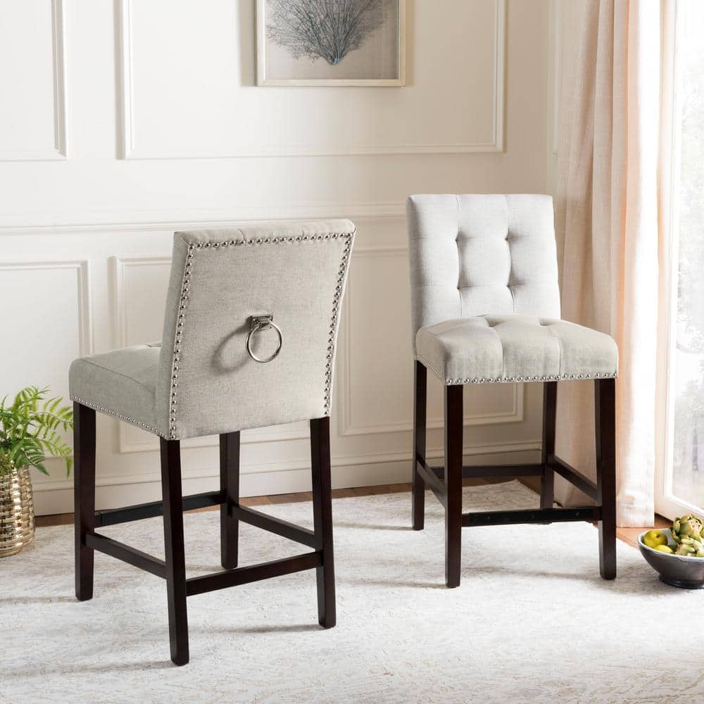 Light Grey Tufted Linen Counter Stools with Chrome Nail Head Trim