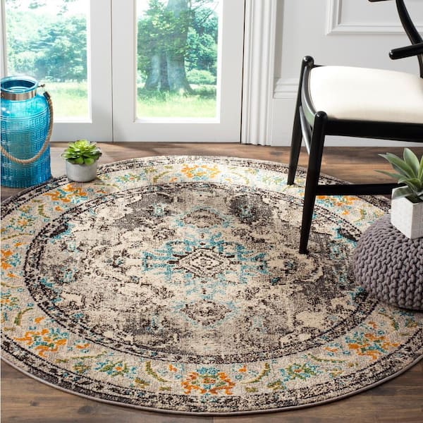 Monaco 5 ft. x 5 ft. Gray/Light Blue Round Border Area Rug