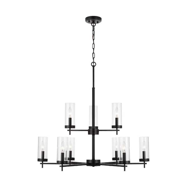 Generation Lighting Zire 9-Lights Midnight Black Modern Minimalist Dining Room Hanging Candlestick Chandelier with Clear Glass Shades