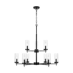 Zire 9-Lights Midnight Black Modern Minimalist Dining Room Hanging Candlestick Chandelier with Clear Glass Shades