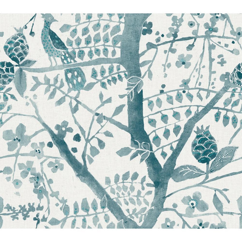 60.75 sq.ft. Teal Peacock Block Print Wallpaper