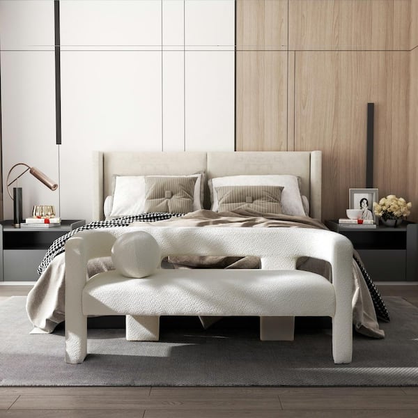 KINWELL Cream 66 in. Wide Boucle Upholstered Bedroom Bench with Toss Pillow
