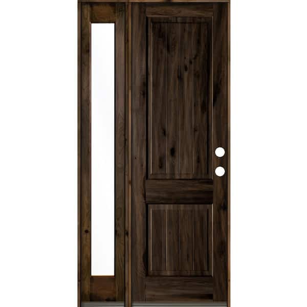 46 in. x 96 in. Rustic Knotty Alder 2 Panel Left-Hand/Inswing Clear Glass Black Stain Wood Prehung Front Door w/Sidelite