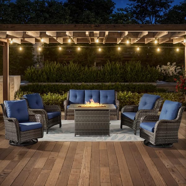 6-Piece Gray Wicker Outdoor Patio Rectangular Fire Pit Conversation Set with Blue Cushions and Swivel Rocker Chairs